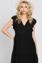 Black Ruffle Accent Tiered Midi Dress