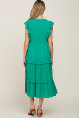 Green Ruffle Accent Tiered Maternity Midi Dress