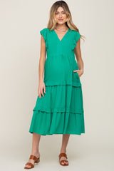 Green Ruffle Accent Tiered Maternity Midi Dress