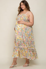 White Floral Sleeveless Button Down Plus Maternity Maxi Dress