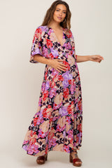 Navy Blue Floral Deep V-Neck Tiered Maternity Maxi Dress