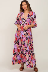 Navy Blue Floral Deep V-Neck Tiered Maternity Maxi Dress