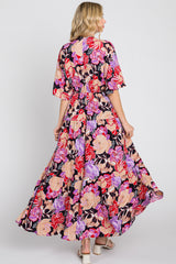 Navy Blue Floral Deep V-Neck Tiered Maxi Dress