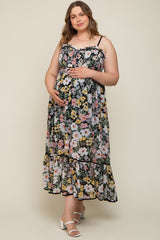 Black Floral Sleeveless Button Down Plus Maternity Maxi Dress