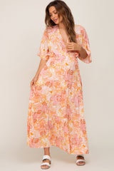 Peach Floral Deep V-Neck Tiered Maternity Maxi Dress