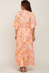 Peach Floral Deep V-Neck Tiered Maternity Maxi Dress