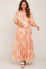 Peach Floral Deep V-Neck Tiered Maternity Maxi Dress