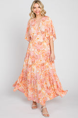 Peach Floral Deep V-Neck Tiered Maternity Maxi Dress