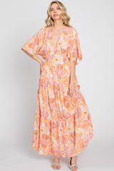 Peach Floral Deep V-Neck Tiered Maxi Dress