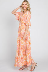 Peach Floral Deep V-Neck Tiered Maxi Dress