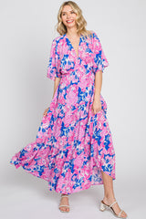 Royal Blue Floral Deep V-Neck Tiered Maxi Dress