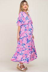 Royal Blue Floral Deep V-Neck Tiered Maternity Maxi Dress