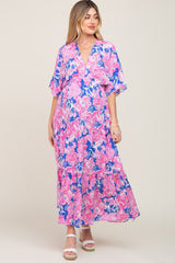 Royal Blue Floral Deep V-Neck Tiered Maternity Maxi Dress