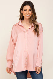 Light Pink Satin Button Up Maternity Blouse