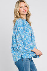 Aqua Floral Ruffle Neck Blouse