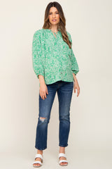 Green Floral Ruffle Neck Maternity Blouse