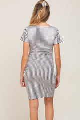 White Striped Ruched Side Short Sleeve Maternity Dress