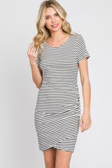 White Striped Ruched Side Short Sleeve Maternity Dress