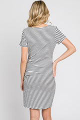 White Striped Ruched Side Short Sleeve Dress