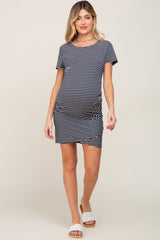 Navy Blue Striped Ruched Side Short Sleeve Maternity Dress