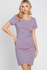 Pink Striped Ruched Side Short Sleeve Maternity Dress