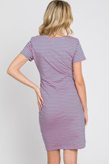 Pink Striped Ruched Side Short Sleeve Dress