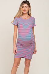 Pink Striped Ruched Side Short Sleeve Maternity Dress