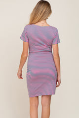 Pink Striped Ruched Side Short Sleeve Maternity Dress