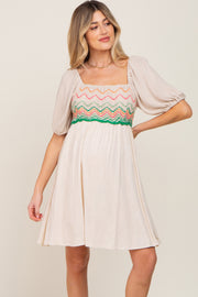 Beige Crochet Puff Sleeve Maternity Dress