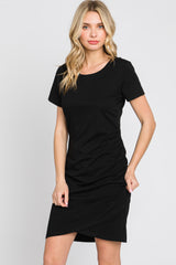 Black Short Sleeve Ruched Maternity Dress