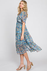 Blue Floral Metallic Striped Chiffon Ruffle Tiered Midi Dress