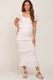 Light Pink Floral Square Neck Smocked Maternity Maxi Dress