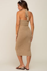 Taupe Side Cutout Halter Knit Maternity Midi Dress