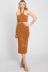 Camel Side Cutout Halter Knit Maternity Midi Dress