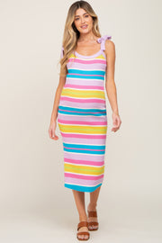 Multi-Color Striped Sweater Knit Shoulder Tie Maternity Midi Dress