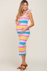 Multi-Color Striped Sweater Knit Shoulder Tie Maternity Midi Dress