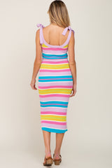 Multi-Color Striped Sweater Knit Shoulder Tie Maternity Midi Dress