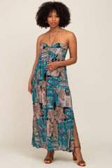 Teal Printed Halter Tassel Front Tie Maxi Dress