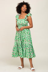 Green Floral Smocked Frill Sleeve Midi Dress