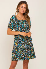 Black Floral Puff Sleeve Maternity Dress