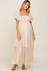 Beige Pleated Puff Sleeve Maternity Maxi Dress