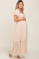 Beige Pleated Puff Sleeve Maternity Maxi Dress