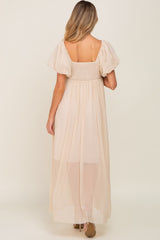 Beige Pleated Puff Sleeve Maternity Maxi Dress