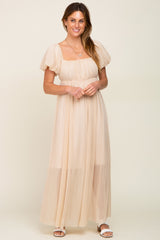 Beige Pleated Puff Sleeve Maxi Dress