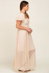 Beige Pleated Puff Sleeve Maxi Dress