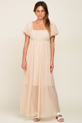 Beige Pleated Puff Sleeve Maxi Dress