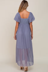 Blue Grey Pleated Puff Sleeve Matenrity Maxi Dress