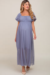 Blue Grey Pleated Puff Sleeve Matenrity Maxi Dress