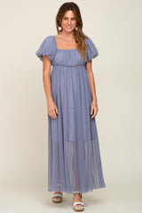 Blue Grey Pleated Puff Sleeve Matenrity Maxi Dress