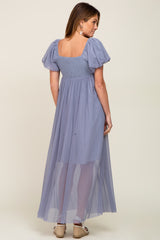 Blue Grey Pleated Puff Sleeve Maxi Dress